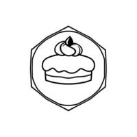 Minimalist Illustration of a Cake Within a Hexagonal Frame, Featuring Creamy Topping and Black Outlines vector