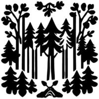 Black and White Stylized Forest Silhouette, NatureInspired Pattern, Featuring Trees, Foliage, and a Decorative Abstract Creature. vector