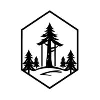 Minimalist Black and White Forest Scene with Geometric Hexagonal Frame Depicting Evergreen Trees in Silhouette. vector