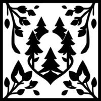 Symmetrical Black and White NatureThemed Square with stylized pine trees, leaves, and branches arranged in a decorative pattern. vector