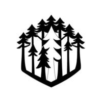 Black and White Pine Tree Forest within a Hexagonal Frame, a Minimalist Nature Emblem vector