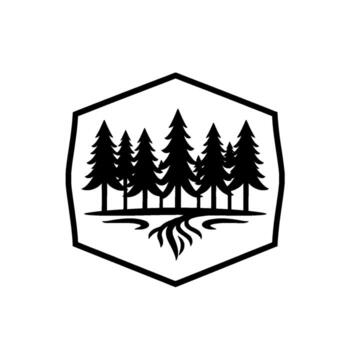 Silhouette of a group of pine trees with roots, framed inside a hexagonal emblem, representing nature and wilderness in a minimalist style. vector
