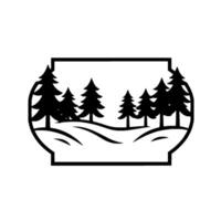 Black and White Silhouette of a Forest Scene Enclosed Within a Geometric Oval Frame, Illustrating Mountains and Evergreen Trees. vector