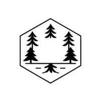 Minimalist Black and White Geometric Illustration Hexagon Frame with Silhouetted Evergreen Trees and Root Base . vector