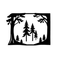 Silhouetted Forest Scene A Black and White Composition of Trees Framed by a Rectangular CutOut Border on White Background. vector