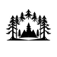 Silhouette of a serene mountain vista with lush evergreen trees, creating a symmetrical, minimalist on a clean white background. vector