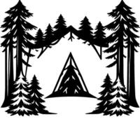 Silhouette Forest Scene Central Tent Surrounded by Trees and Mountain in a stylized monochromatic black and white . vector