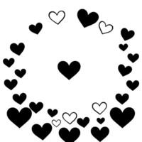 A stylized composition of black and outlined hearts arranged in a circular pattern around a central heart on a stark white background. vector