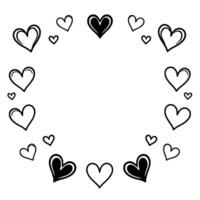 Handdrawn Valentines Day Illustration A circular arrangement of outlined hearts, some filled, creating a framelike on a stark white background. vector