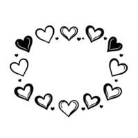 Handdrawn heart frame, a monochrome, sketched , with varying heart sizes, for Valentines or romantic occasions, empty space inside. vector