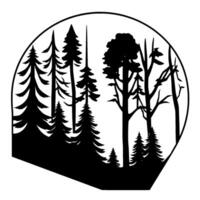 Silhouette Forest Scene Encapsulated in an Oval, Depicting Trees, Pines, and Natures Majesty. vector