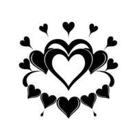 Artistic black and white heart emblem featuring layered heart with decorative heart accents and surrounding arrangement against white background. vector