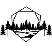 Stylized Black and White Geometric Illustration of a Forest Scene Framed by a Modern Geometric Shape. vector