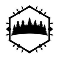 Silhouette of a Pine Forest within a Hexagonal Rustic Frame, Embellished with Branch Accents and Simple Geometric Shapes. vector