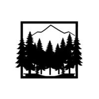 Silhouette of a mountain range behind a forest of evergreen trees, all enclosed within a black square border on a white background, evoking a sense of nature and serenity. vector
