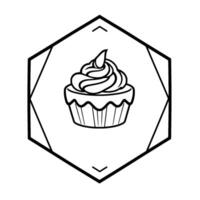 Elegant Black and White Cupcake Illustration within a Geometric Hexagonal Frame, Simple and Sweet Dessert, Art for . vector