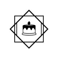 Black and white stylized illustration of a cake with a single candle flame, set within a square and diamond frame. vector