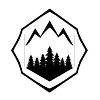 A black and white, minimalist nature emblem featuring a mountain range silhouetted above a forest within a decorative, geometric frame. vector