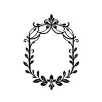 Elegant Oval Floral Frame in Black and White, featuring intricate leaf and vine details. vector