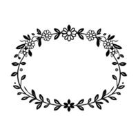 Ornate Black and White Oval Floral Frame with Daisies, Leaves and Empty Center, on White Background. vector