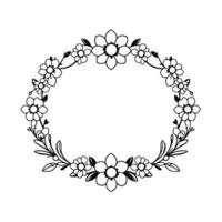 Black and White Floral Oval Wreath Frame with Intricate Details of Flowers, Leaves, and Branches on a White Background. vector