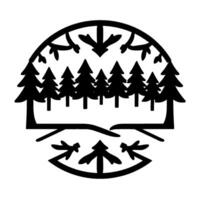 A stylized black and white illustration depicting a forest of evergreen trees enclosed in a circular decorative frame. vector