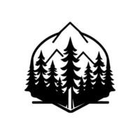 Silhouette emblem of evergreen trees and mountains within a geometric frame, evoking nature and outdoor adventure. vector