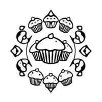 Whimsical Black and White Cupcake Mandala Featuring Center Cluster and Decorative Edges in Playful, Simple Style. vector