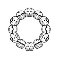 A whimsical, handdrawn illustration of a circular arrangement of cute cupcakes with different frosting designs and subtle faces. vector