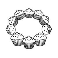 A circular arrangement of ten whimsically illustrated cupcakes with dotted frosting in a minimalist black and white style, showcasing simple line art. vector