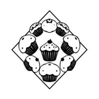 Circular Arrangement of Eight Black and White Cupcakes Inside a Rhombus Frame, Centered Cherry Topped. vector