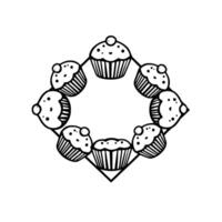 A symmetrical, handdrawn, blackandwhite illustration of cupcakes arranged in a diamondshaped frame with a minimalist and playful aesthetic. vector