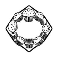 Monochrome illustration of a diamondshaped frame adorned with stylized muffins and cookies, creating a symmetrical . vector