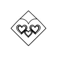 Stylized Geometric Artwork Featuring Three Hearts Within a Diamond Frame and a Larger Heart, in Black and White, on a White Background vector