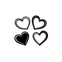 Four handdrawn stylized heart shapes arranged in a square formation, one solid black, the others outlined on a white background. vector