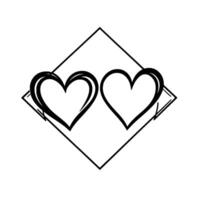 Monochromatic, stylized illustration Two hearts, one filled with a brushstroke effect, inside a diamond frame. vector