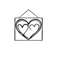 Minimalist Black Line Art Two Intertwined Hearts Within A Framed Rectangle, With Triangle Hanger, on White Background. vector
