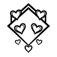 Black and white geometric featuring a rhombus frame, adorned with stylized heart shapes, creating a modern love symbol. vector
