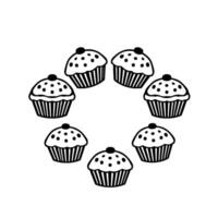 Circular Arrangement of Seven Stylized Cupcakes with Cherry Toppings in a Minimalist Black and White Illustration. vector