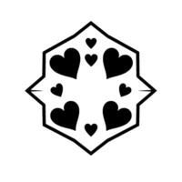 Black and white minimalist emblem featuring a complex starburst polygon surrounding multiple hearts of varying sizes, representing love and unity. vector