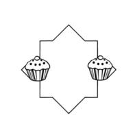 A symmetrical black and white illustration with two stylized cupcakes framing an empty geometric, starshaped outline. vector
