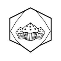 Monochrome Illustration of Three Detailed Cupcakes with Sprinkles and a Berry, Contained Within a Geometric Hexagon vector