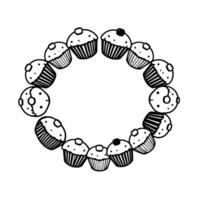 A circular blackandwhite illustration of cupcakes and donuts forming a festive, bakerythemed wreath, on a stark white background. vector
