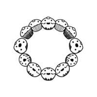 A Circular Garland of Smiling Cupcakes and Donuts in Black Outline, Creating a Whimsical Frame on a White Background. vector