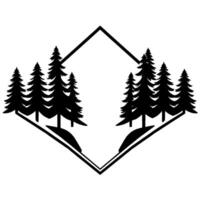 Stylized black and white minimalist nature scene featuring symmetrical evergreen trees framed within a geometric diamondshaped outline, evoking a sense of harmony and simplicity. vector