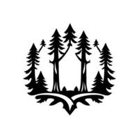 A stylized, symmetrical, black and white illustration featuring a grove of pine trees within a decorative border. vector