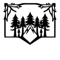Silhouette of a forest within a decorative rectangular frame, adorned with branches, evoking natures serenity in black and white. vector