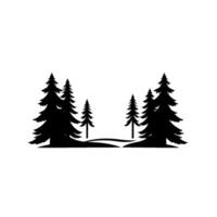 Silhouette of a serene forest with evergreen trees and a gentle landscape, rendered in bold black against a stark white backdrop. vector