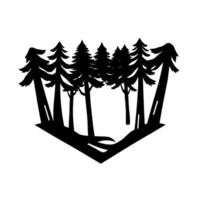 Bold, symmetrical black and white illustration of a forest scene, showcasing stylized pine trees within a diamondshaped frame, exuding a minimalist aesthetic. vector
