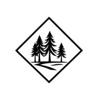 Stylized Black and White DiamondFramed Featuring Four Pine Trees, Pathway, and Landscape, Minimalist . vector